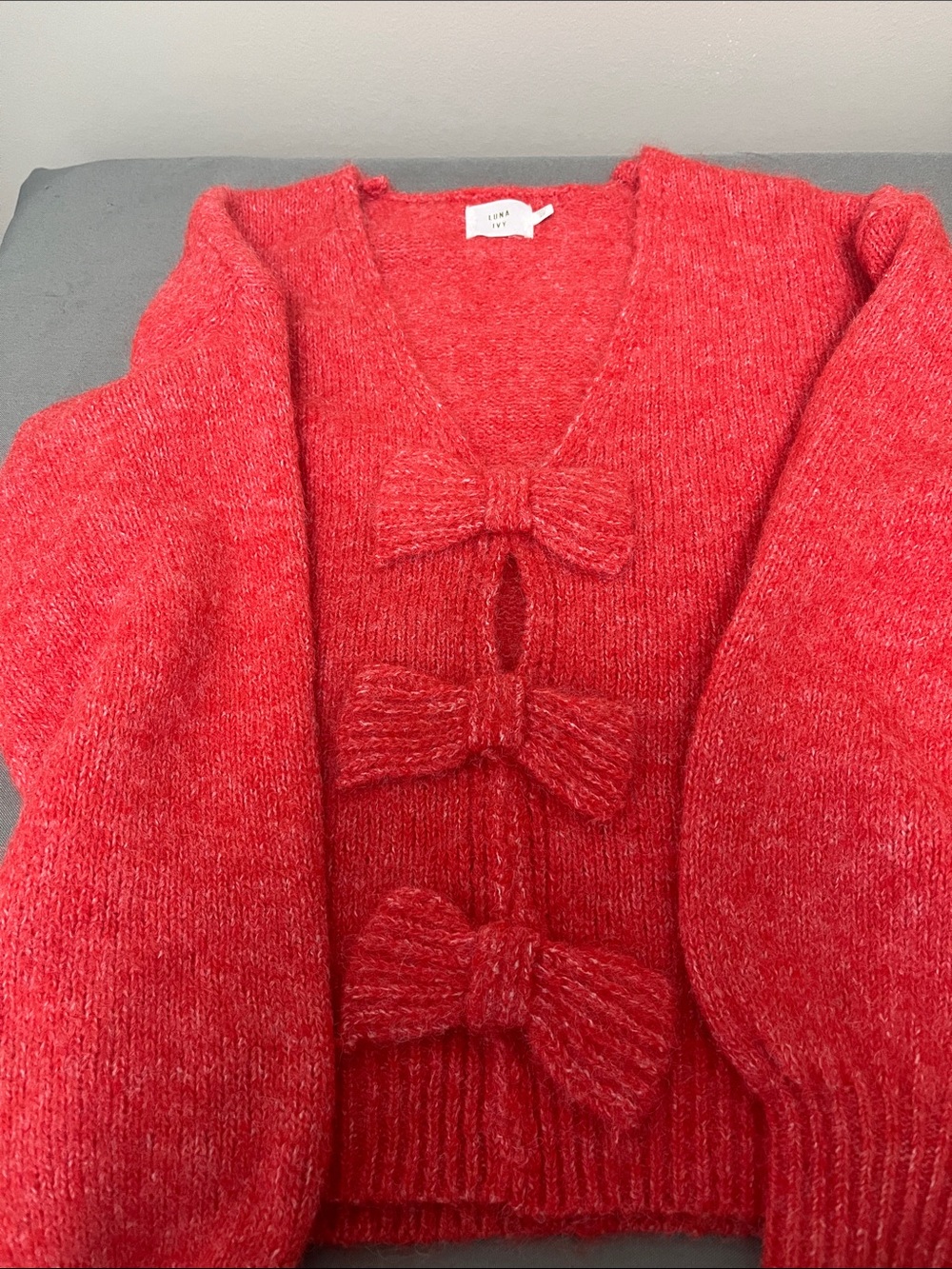 Red Bow-Front V-Neck Women's Sweater